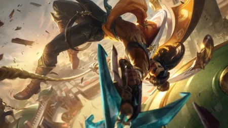 Akshan character in action with dual crossbows in Wild Rift game