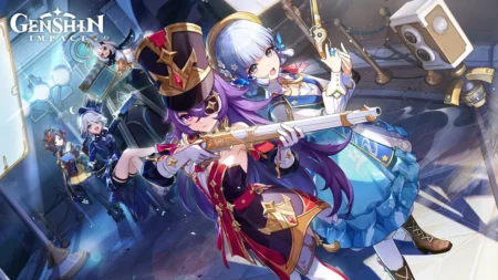 Genshin Impact characters displaying weapons and elements for top-up gameplay