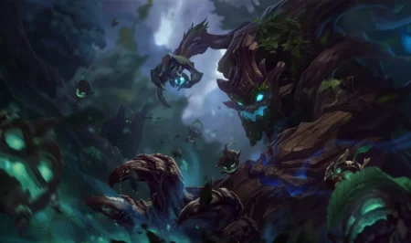 Maokai the Vengeful Treant in Wild Rift with glowing cyan eyes surrounded by