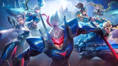 Mobile Legends characters showcasing game heroes in blue armor and fantasy