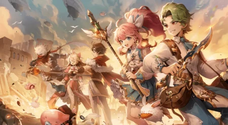 Anime characters wielding weapons in a fantasy battle scene from Ragnarok X