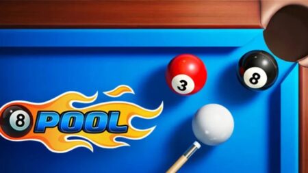 8 ball pool game interface showing cue ball and numbered balls on blue table