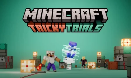 Minecraft Tricky Trials update logo with pixelated characters and blocks on