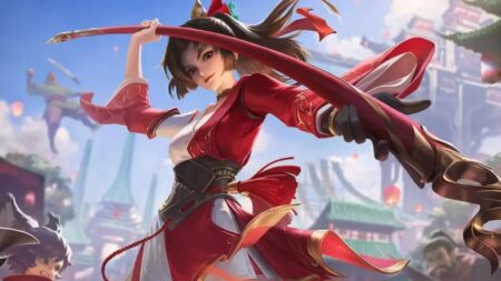 Animated mid lane hero in red outfit wielding sword in Honor of Kings game