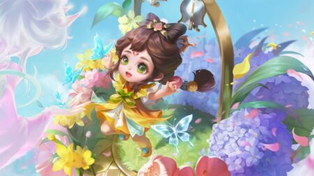 Cai Yan from Honor of Kings, a floral-themed support character surrounded by