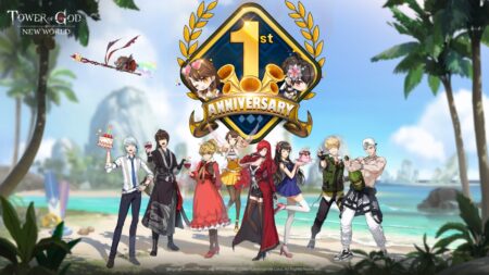 Tower of God New World 1st Anniversary celebration with characters on beach