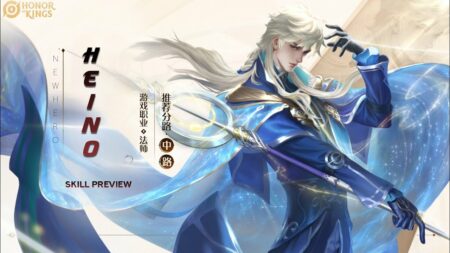 Heino Honor of Kings character with blue robes and flowing hair in skill