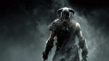 Dragonborn warrior in full armor with horned helmet from Skyrim RPG game