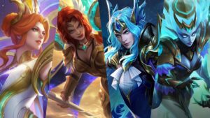 Four MLBB zodiac skins characters with mystical elemental designs and cosmic