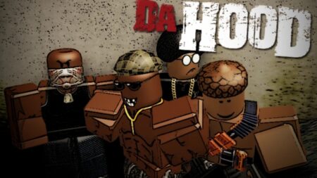 Animated characters in tactical gear with "Da Hood" text representing Roblox Da