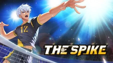 Anime volleyball player in number 12 jersey spiking ball with "The Spike" title