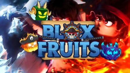 Blox Fruits game logo with colorful devil fruit characters and effects