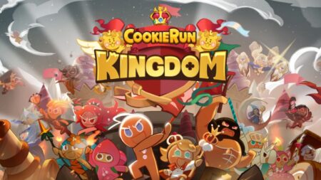 Cookie Run Kingdom game title screen with colorful gingerbread characters and