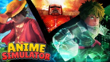 Roblox Anime Simulator game characters with glowing effects and logo