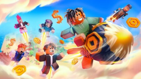 Roblox Pls Donate characters with Robux currency and rocket launcher gameplay