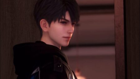 Caleb character from Love and Deepspace game with dark hair in profile view