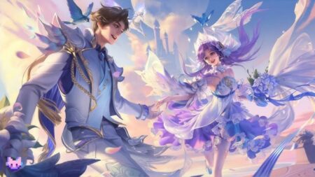 Two fantasy characters in ornate blue and purple outfits with flowing hair and