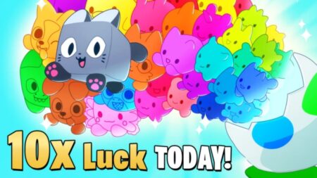 Colorful fantasy creatures and cat character promoting 10x luck in Pets Go