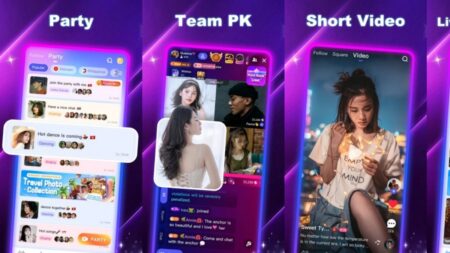 Poppo Live streaming interface showing Party, Team PK, and Short Video features