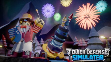 Tower Defense Simulator gameplay featuring colorful towers and fireworks