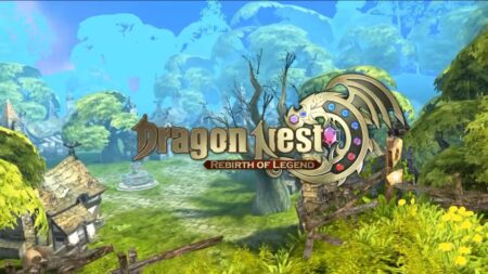 Dragon Nest Rebirth of Legend game logo with fantasy landscape background