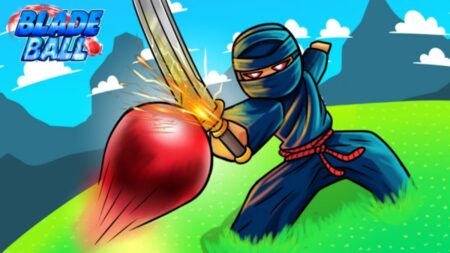 Ninja character wielding glowing sword against red ball in Blade Ball gameplay