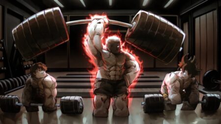 Anime characters lifting heavy dumbbells with red energy effects in gym