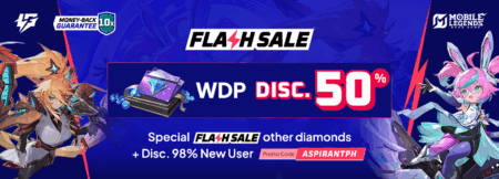 Mobile Legends flash sale promotion with 50% WDP discount and promo code