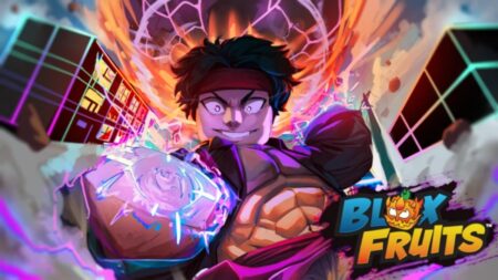 Animated character with glowing purple energy powers in Blox Fruits game