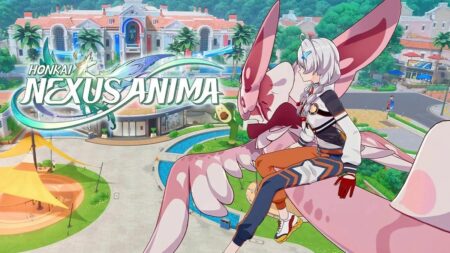 Honkai Nexus Anima character with pink wings overlooking game map and buildings