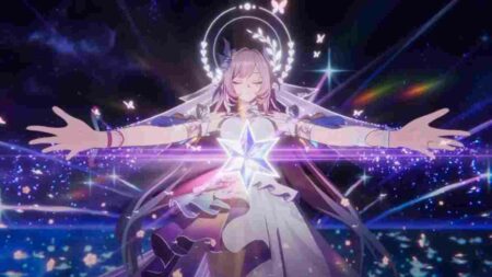 Cyrene character from Honkai Star Rail with glowing halo and outstretched arms