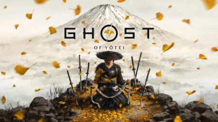 Samurai warrior in golden armor beneath snow-capped mountain in Ghost of Yotei