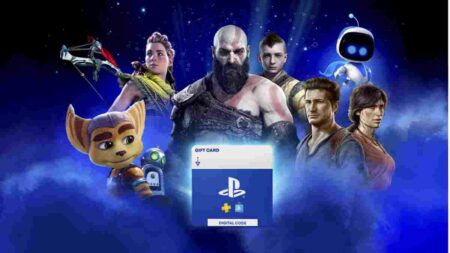 PlayStation gift card with digital code surrounded by game characters and icons