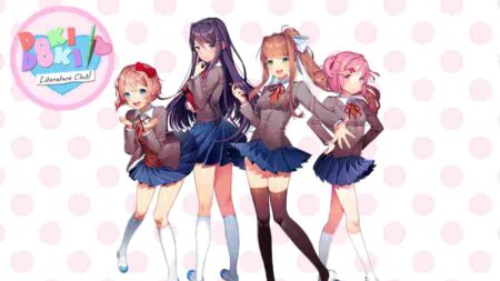 Four anime schoolgirls in uniforms from Doki Doki Literature Club standing