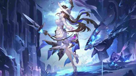 Character in white outfit with sword and glowing blue effects from Honkai Star