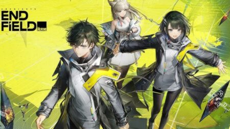 Three anime characters in tactical gear posed dynamically for Arknights Endfield