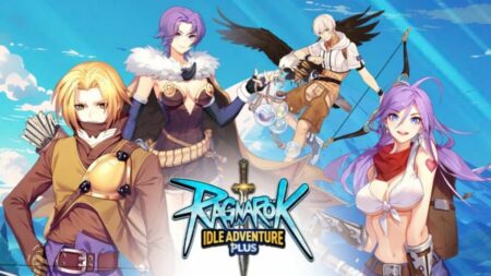 Ragnarok Idle Adventure Plus game characters and logo with sword