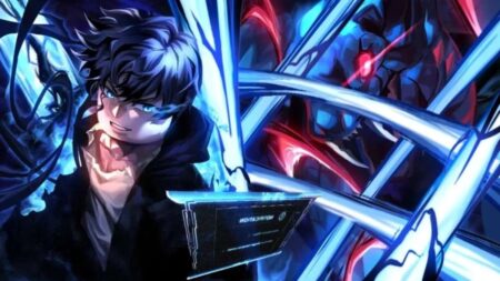 Roblox Solo Hunter Codes Latest: Claim Free Rerolls & Stat Resets Now! Anime character with black hair using laptop surrounded by blue neon lines and