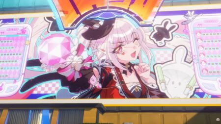 Anime character with pink hair in red outfit holding pink magical orb in Honkai