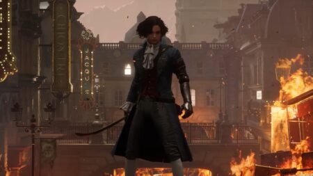 Character wielding a weapon in a burning cityscape from Lies of P