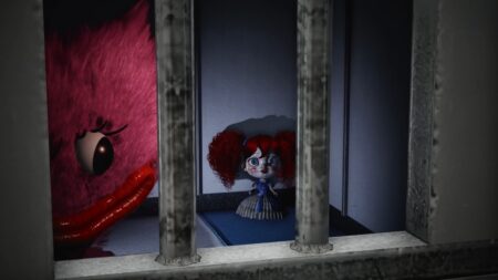 Animated character with red curly hair looking through window at creepy pink