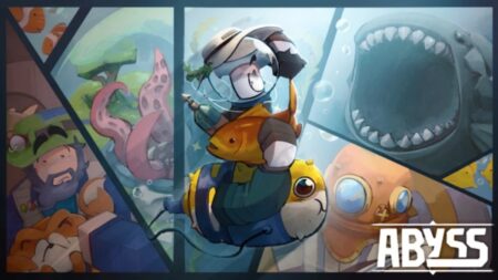 Roblox Abyss Codes February 2026, Free Shards & Boosts Diver in yellow suit holding fish with large shark above in Roblox Abyss game