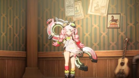 Anime character with pink hair wearing steampunk-style inventor outfit and gear