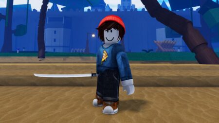Roblox character wearing red cap and blue shirt holding sword in game