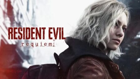 Resident Evil Requiem game cover featuring character with white hair in dark
