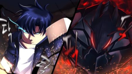 Anime character with dark blue hair and glowing red demonic figure in Sailor