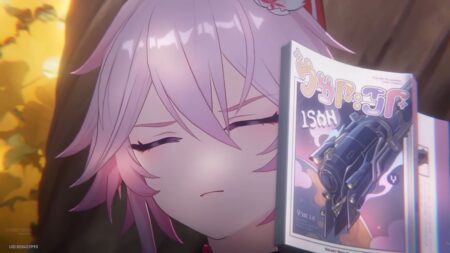 Anime character with pink hair holding Honkai Star Rail game case featuring