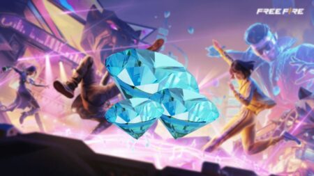 Three blue crystalline diamonds displayed against a Free Fire game background