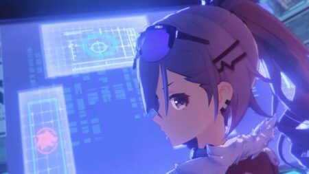 Anime character with purple hair wearing headphones at futuristic tech interface