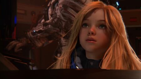 Young woman with orange hair looking upward in Pragmata sci-fi game scene